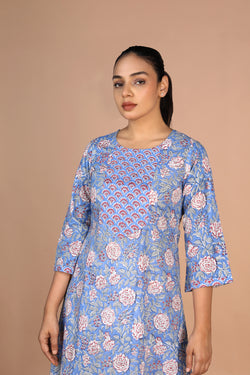 Image of Sanganeri handblock printed Azure Blue cotton Kurti