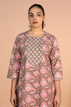 Image of Sanganeri handblock printed Earthy Brown cotton Kurti