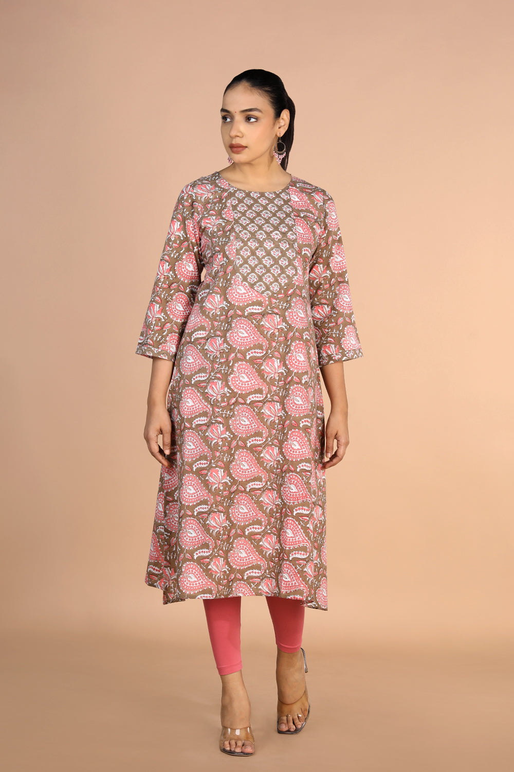 Image of Sanganeri handblock printed Earthy Brown cotton Kurti