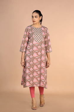 Image of Sanganeri handblock printed Earthy Brown cotton Kurti