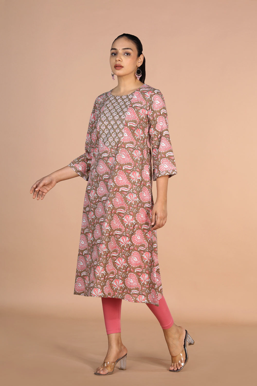 Sanganeri handblock printed Earthy Brown cotton Kurti