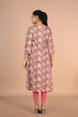 Image of Sanganeri handblock printed Earthy Brown cotton Kurti