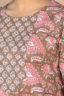 Image of Sanganeri handblock printed Earthy Brown cotton Kurti