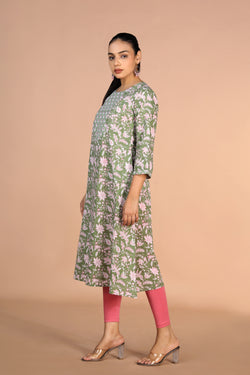 Image of Sanganeri handblock printed Sage Green cotton Kurti