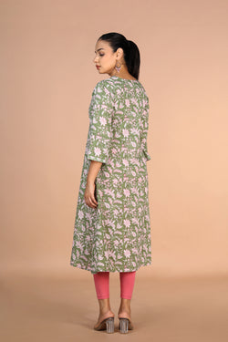 Image of Sanganeri handblock printed Sage Green cotton Kurti