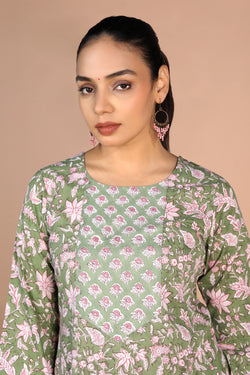 Image of Sanganeri handblock printed Sage Green cotton Kurti