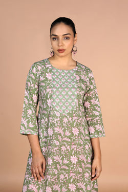 Image of Sanganeri handblock printed Sage Green cotton Kurti