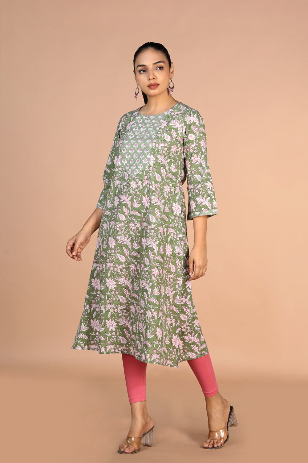 Sanganeri handblock printed Sage Green cotton Kurti