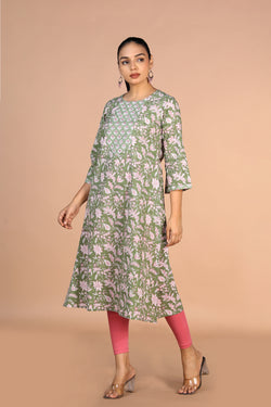 Image of Sanganeri handblock printed Sage Green cotton Kurti