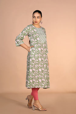 Image of Sanganeri handblock printed Sage Green cotton Kurti