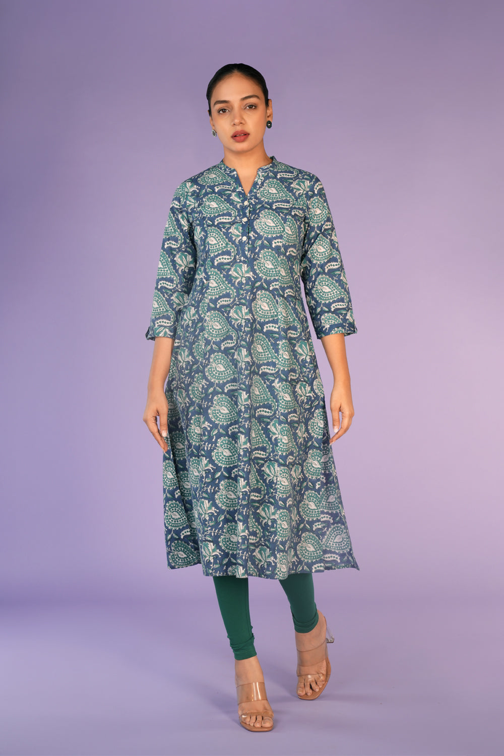 Image of Navy blue hand block printed cotton kurti