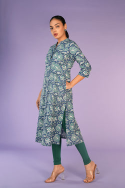 Image of Navy blue hand block printed cotton kurti