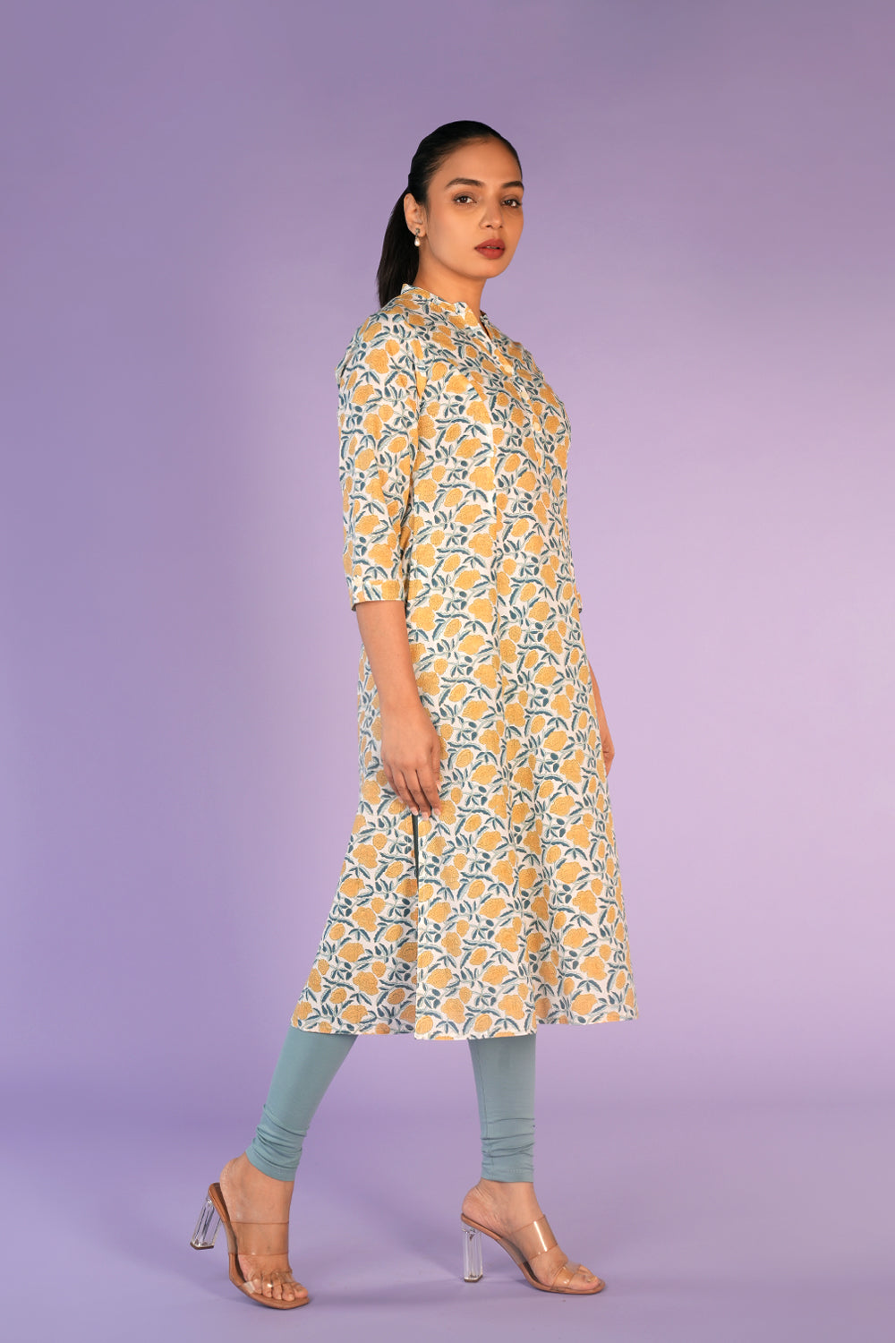 Image of Cream and yellow floral hand block printed cotton Kurti