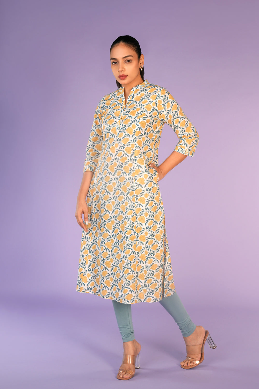 Image of Cream and yellow floral hand block printed cotton Kurti