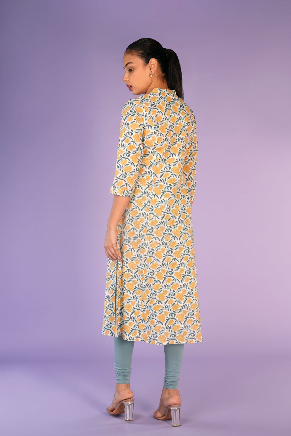 Image of Cream and yellow floral hand block printed cotton Kurti