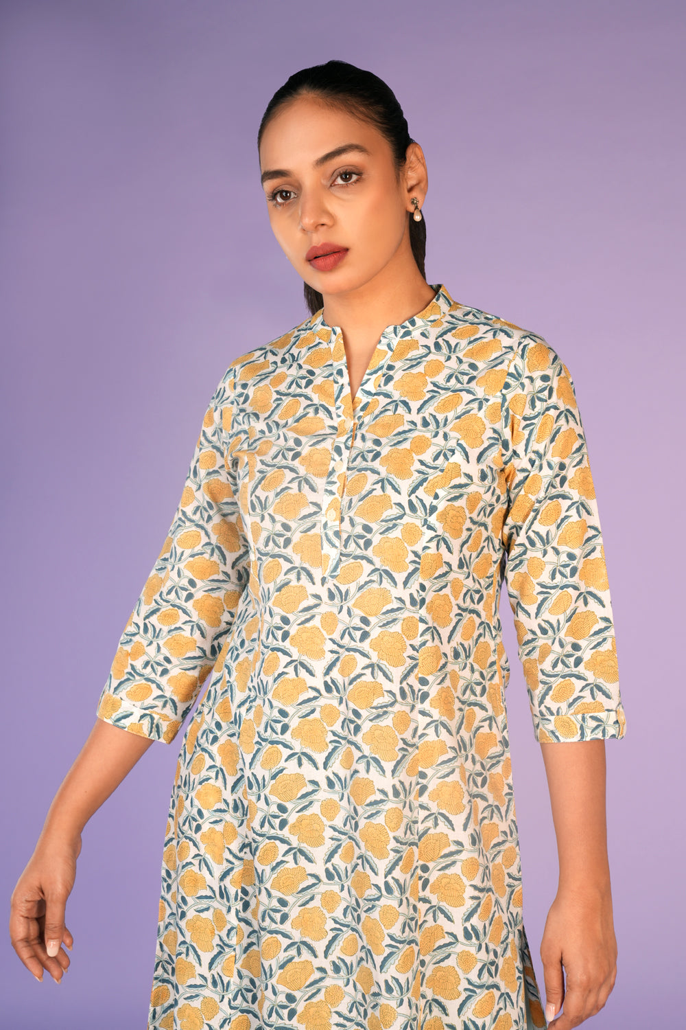 Image of Cream and yellow floral hand block printed cotton Kurti