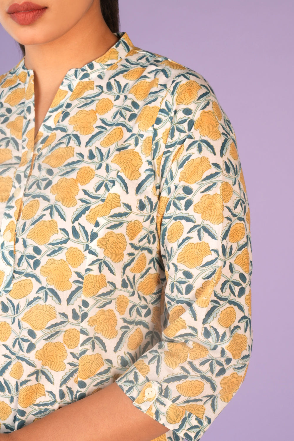 Image of Cream and yellow floral hand block printed cotton Kurti