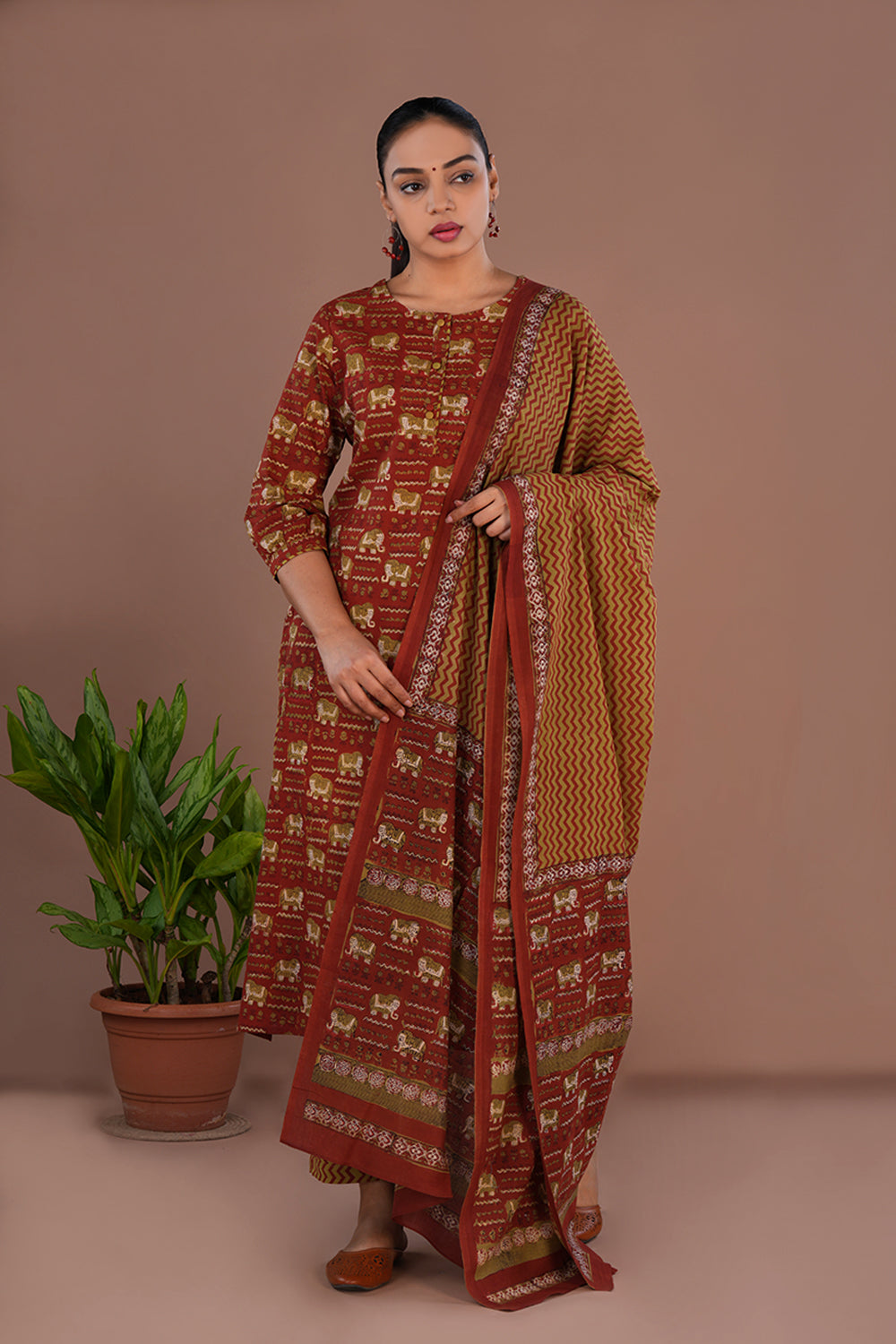 Brick Red Bagru Block Printed cotton Set