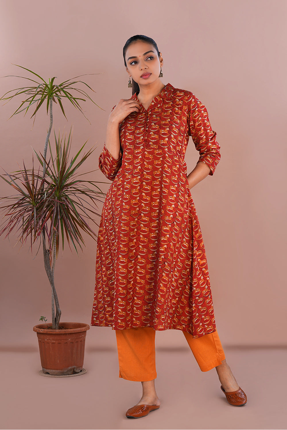 Image of Brick red Bagru Handblock printed Kurta