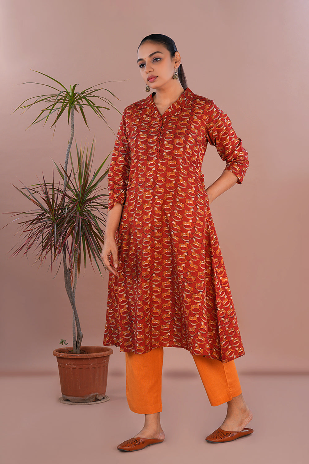 Image of Brick red Bagru Handblock printed Kurta