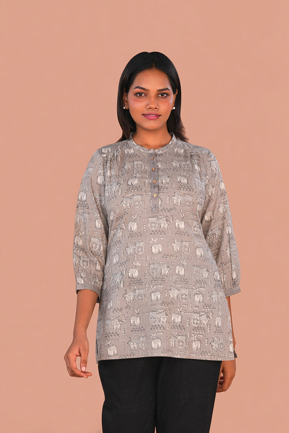 Image of Grey Bagru Handblock printed Short Kurta