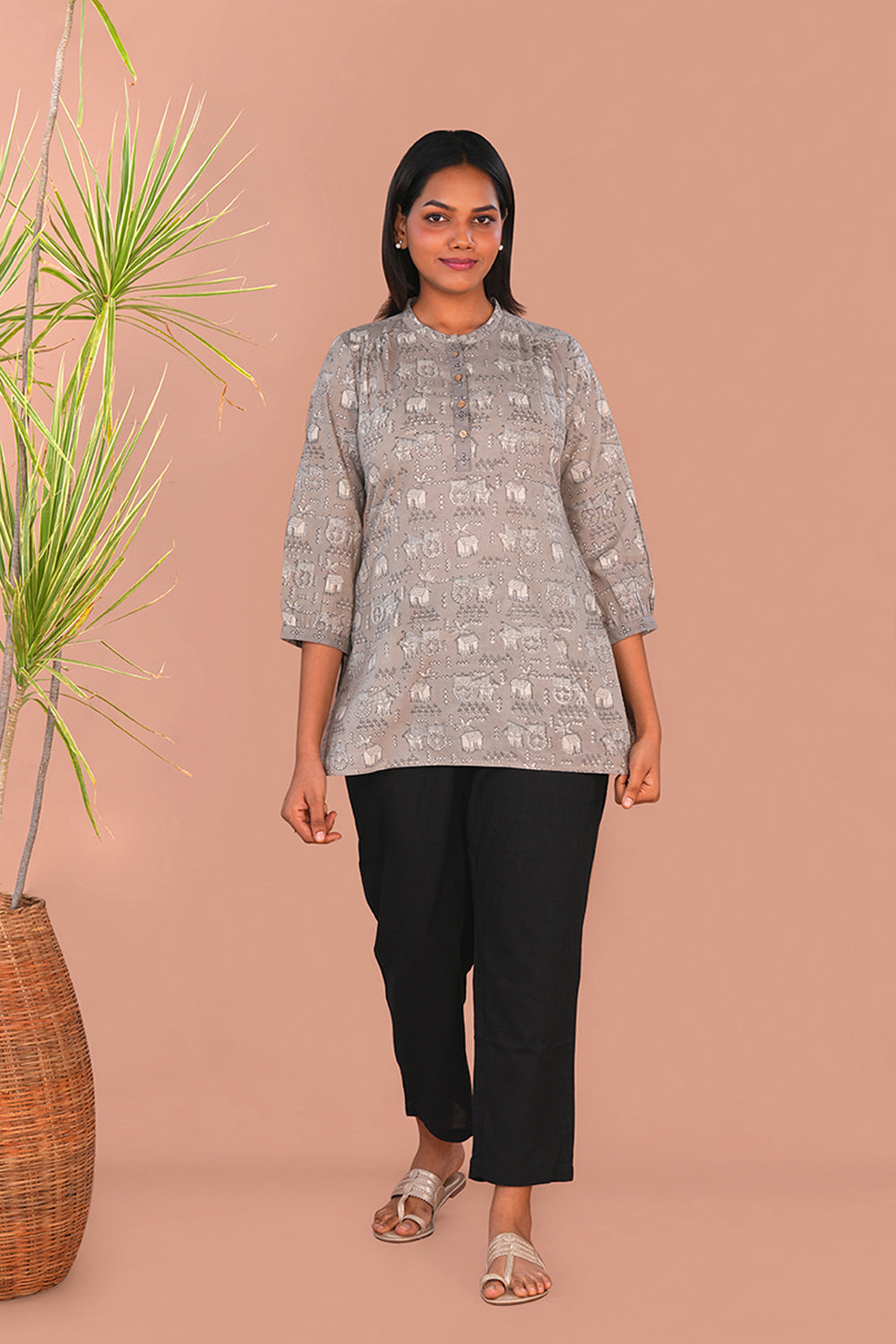 Image of Grey Bagru Handblock printed Short Kurta