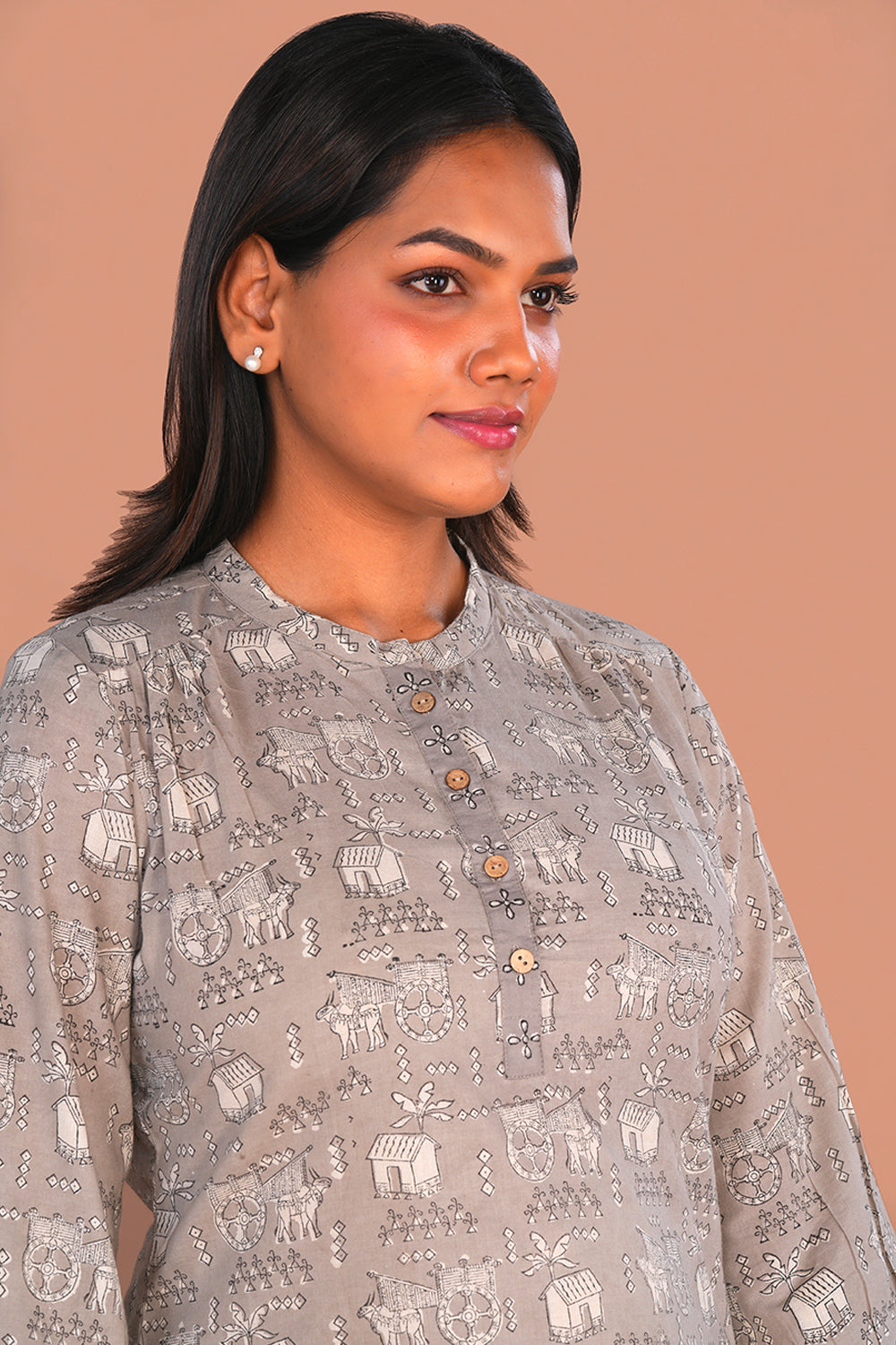 Image of Grey Bagru Handblock printed Short Kurta
