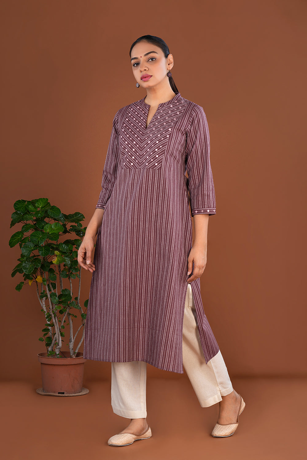Image of Mocha Plum embroidered  cotton Kurti