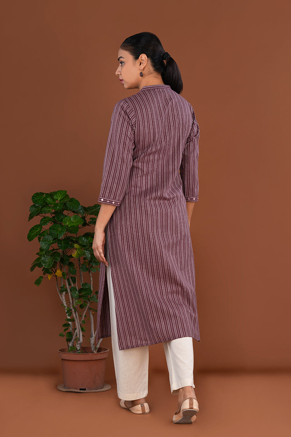 Image of Mocha Plum embroidered  cotton Kurti