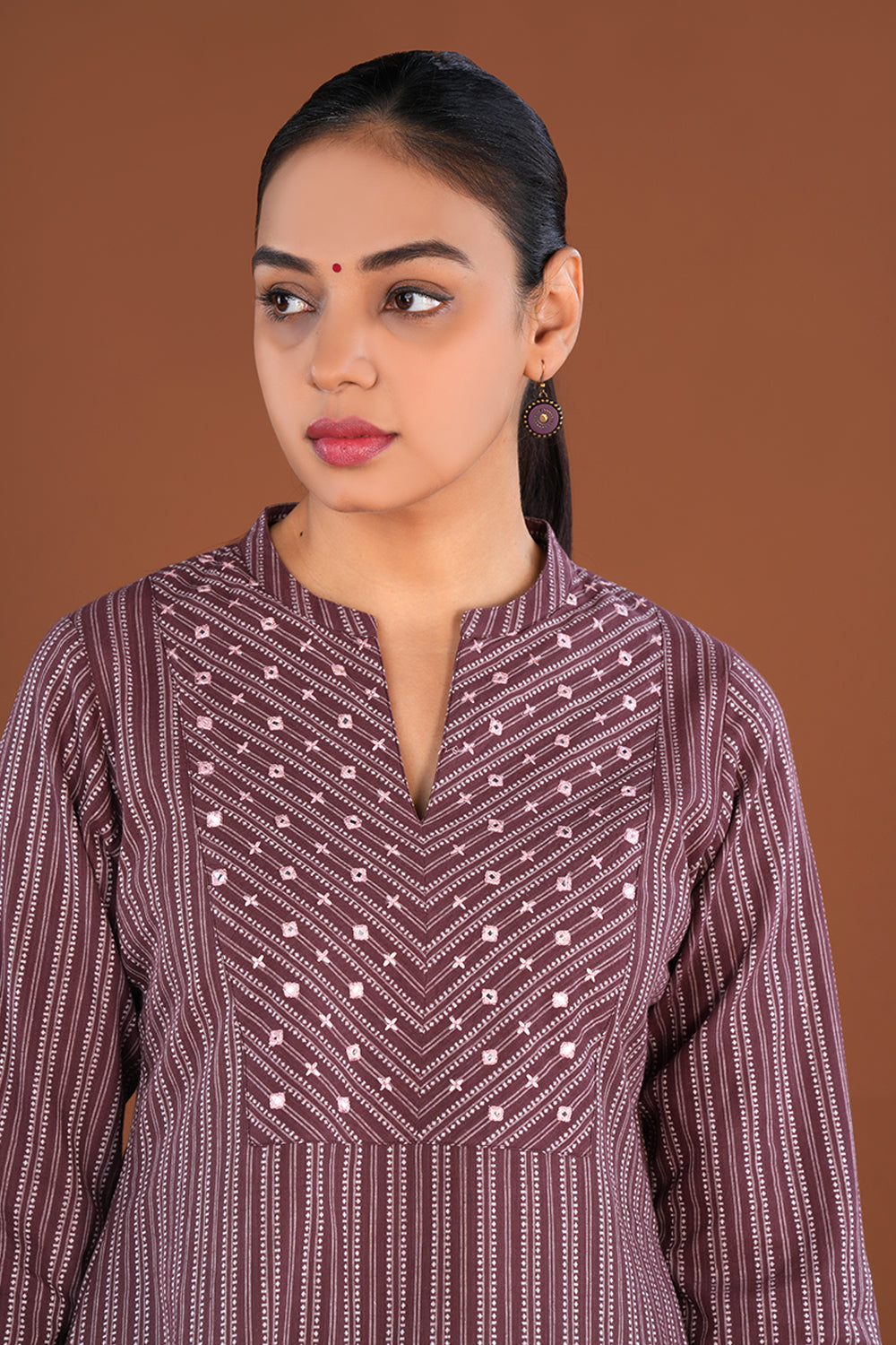 Mocha Plum embroidered  cotton Kurti
