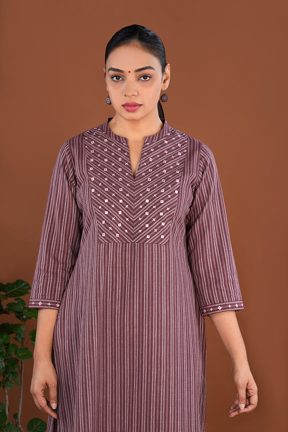 Image of Mocha Plum embroidered  cotton Kurti