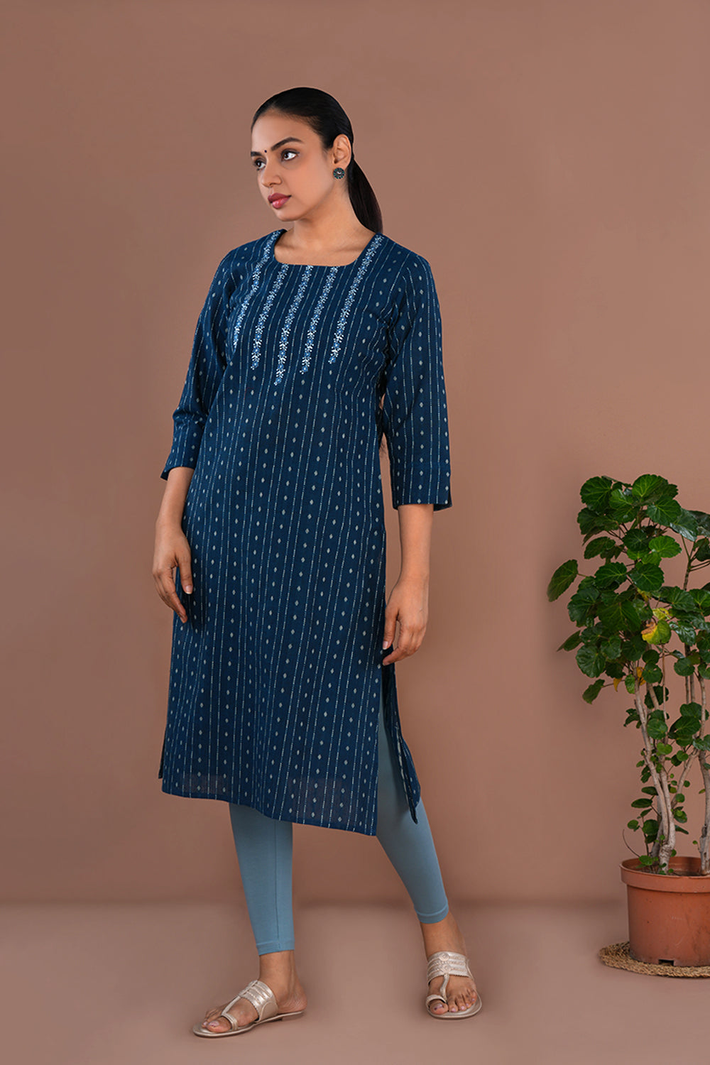 Image of Deep Ocean Blue embroidered woven cotton Kurti