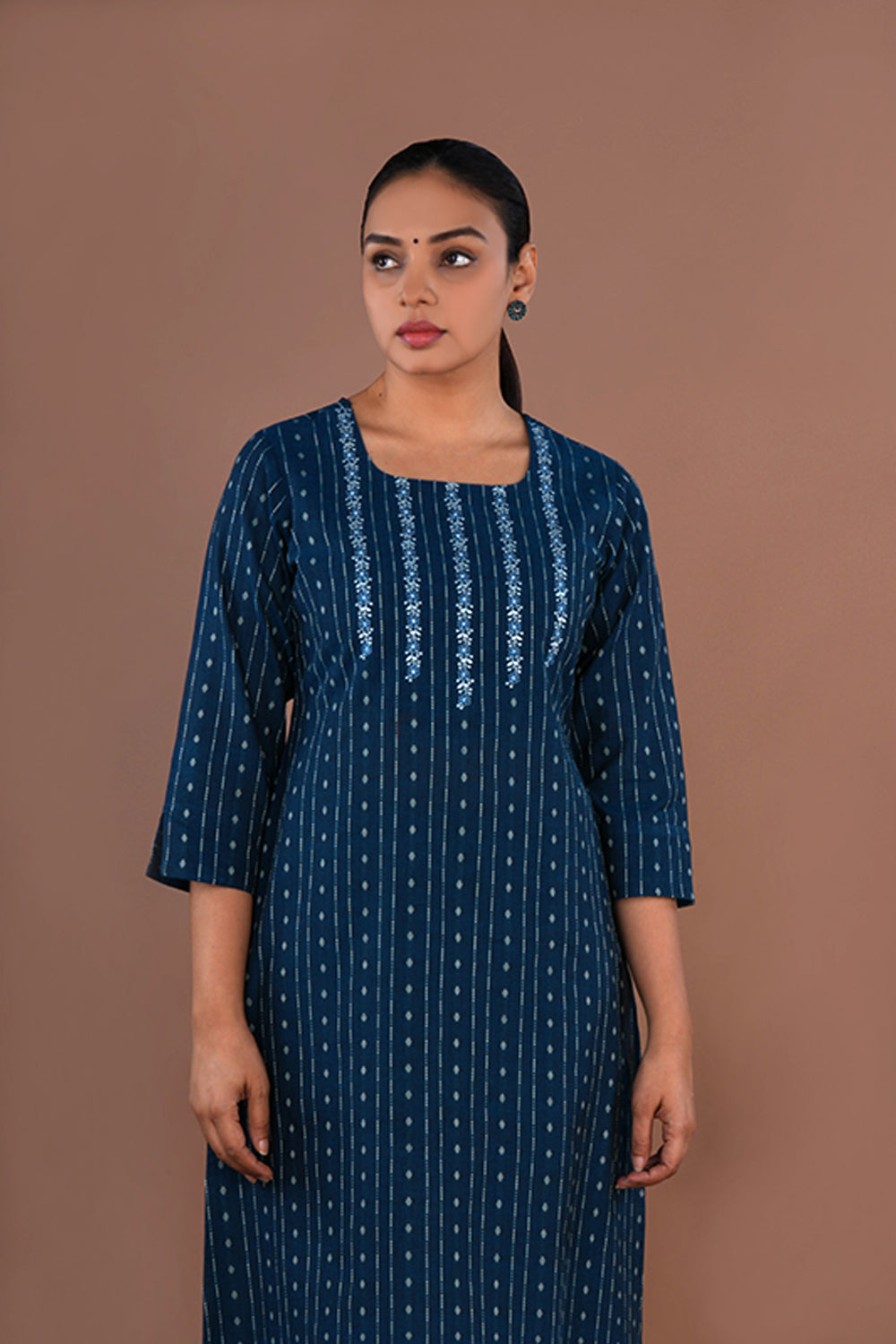 Image of Deep Ocean Blue embroidered woven cotton Kurti