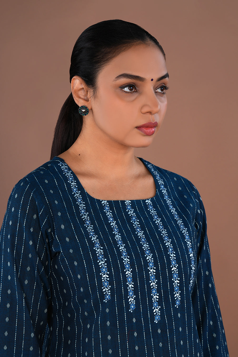 Image of Deep Ocean Blue embroidered woven cotton Kurti