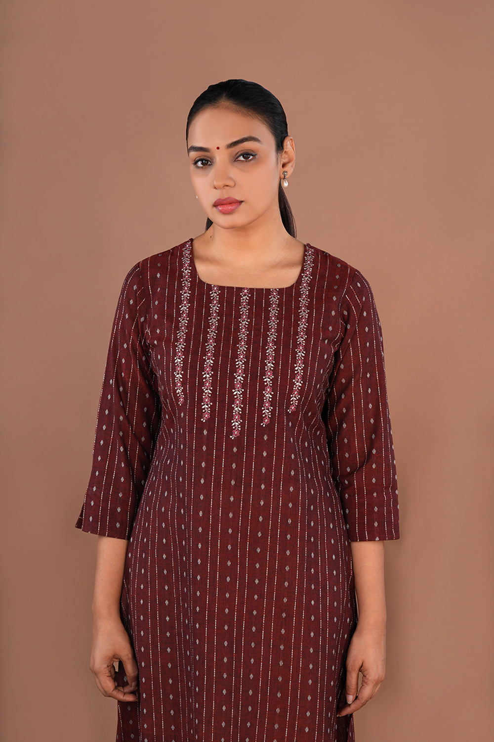 Image of Maroon embroidered cotton Kurti