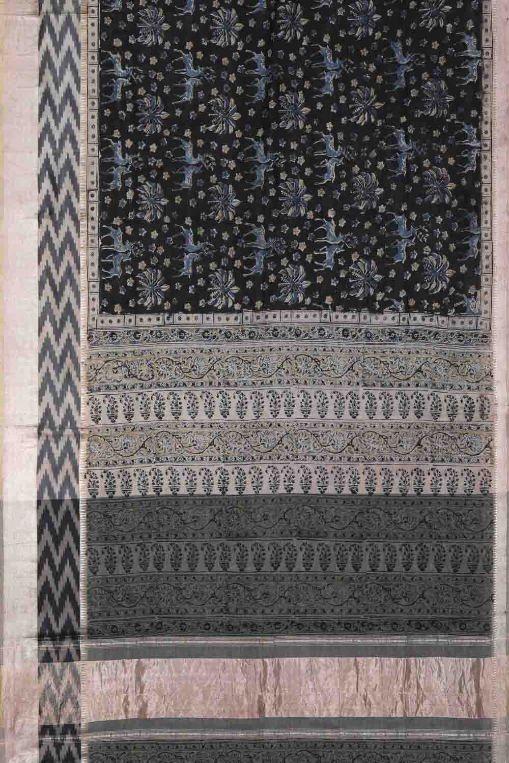 Image of Black Deer Kalamkari Ikat Saree