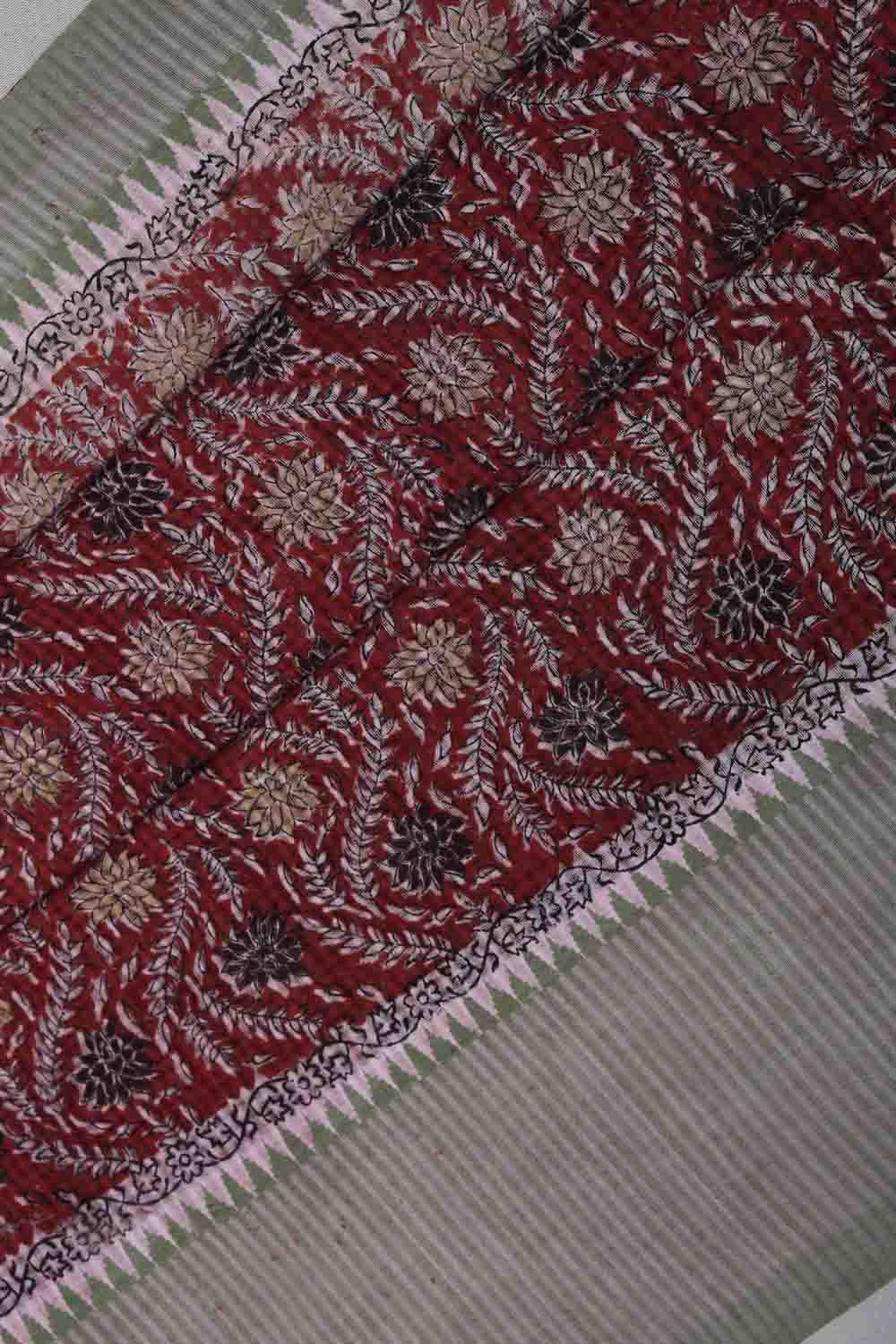 Image of Maroon handloom cotton Kalamkari Saree