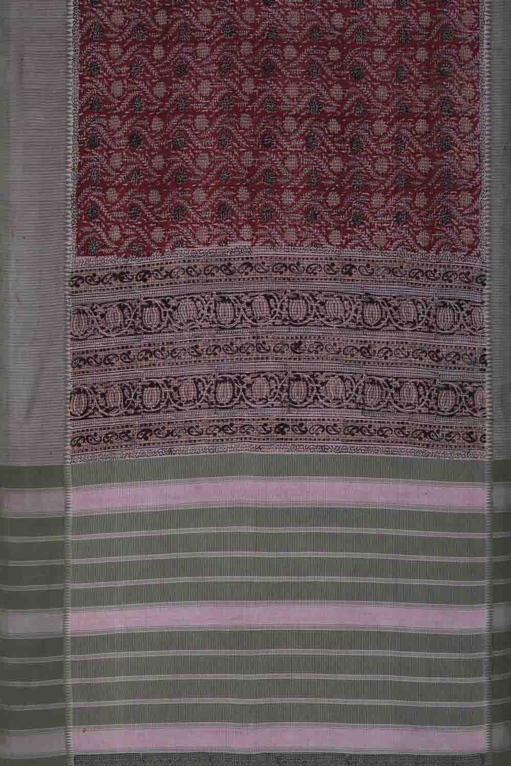 Image of Maroon handloom cotton Kalamkari Saree