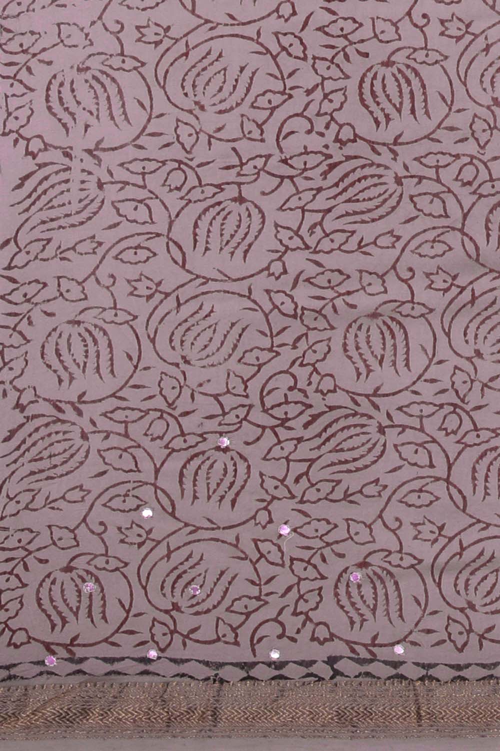 Image of Beige Mirror Embroidered Kalamkari Saree