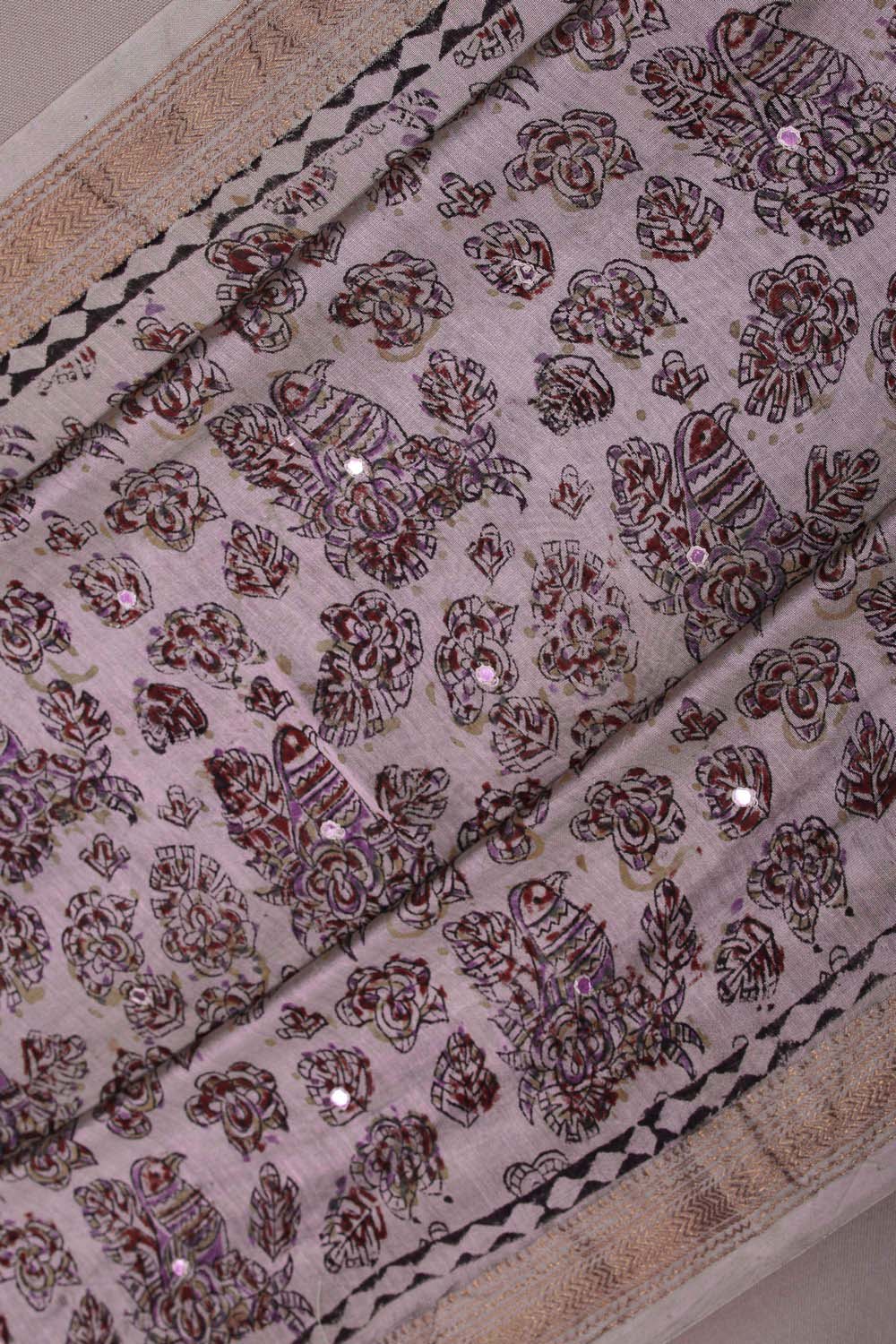 Image of Beige Mirror Embroidered Kalamkari Saree