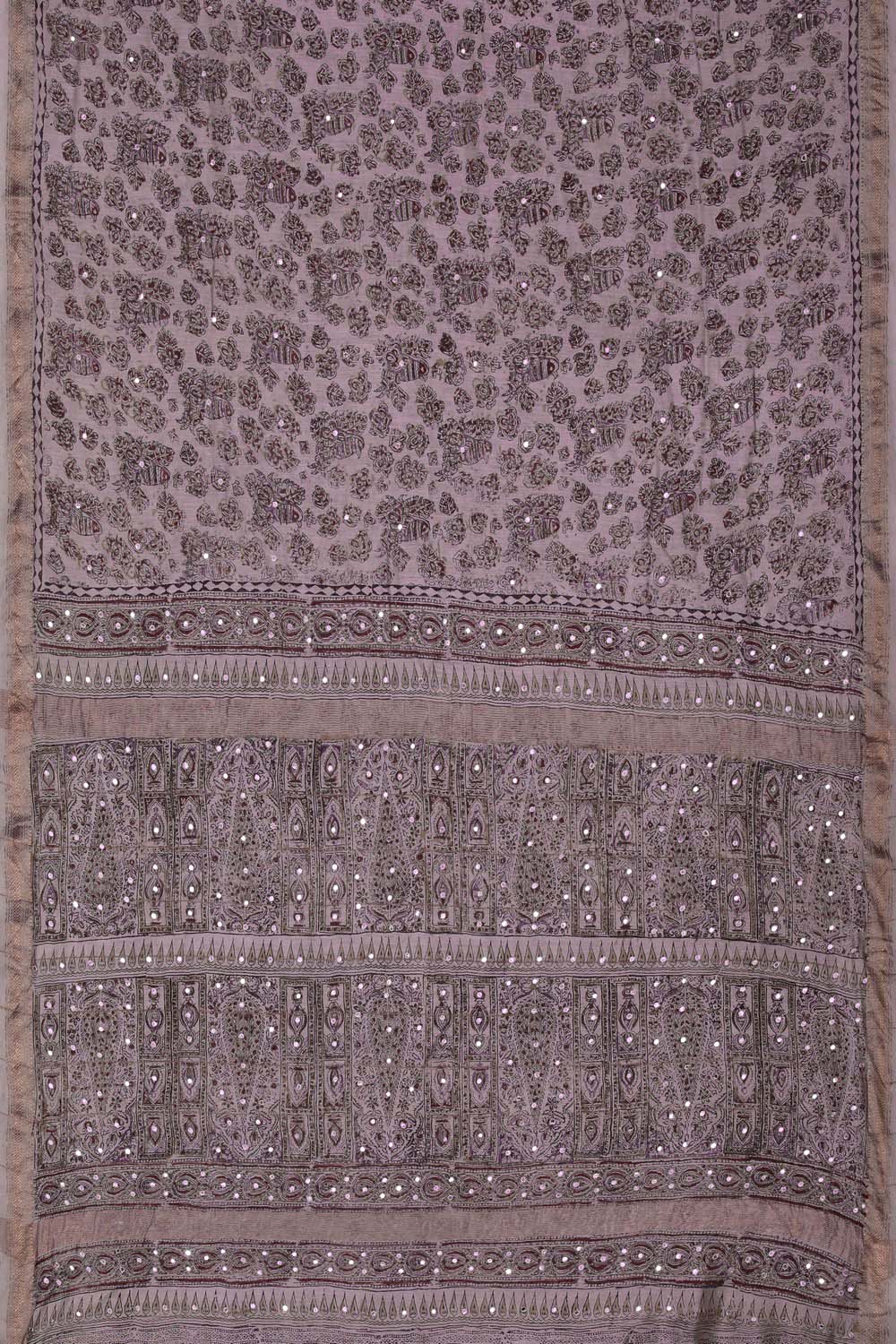 Image of Beige Mirror Embroidered Kalamkari Saree