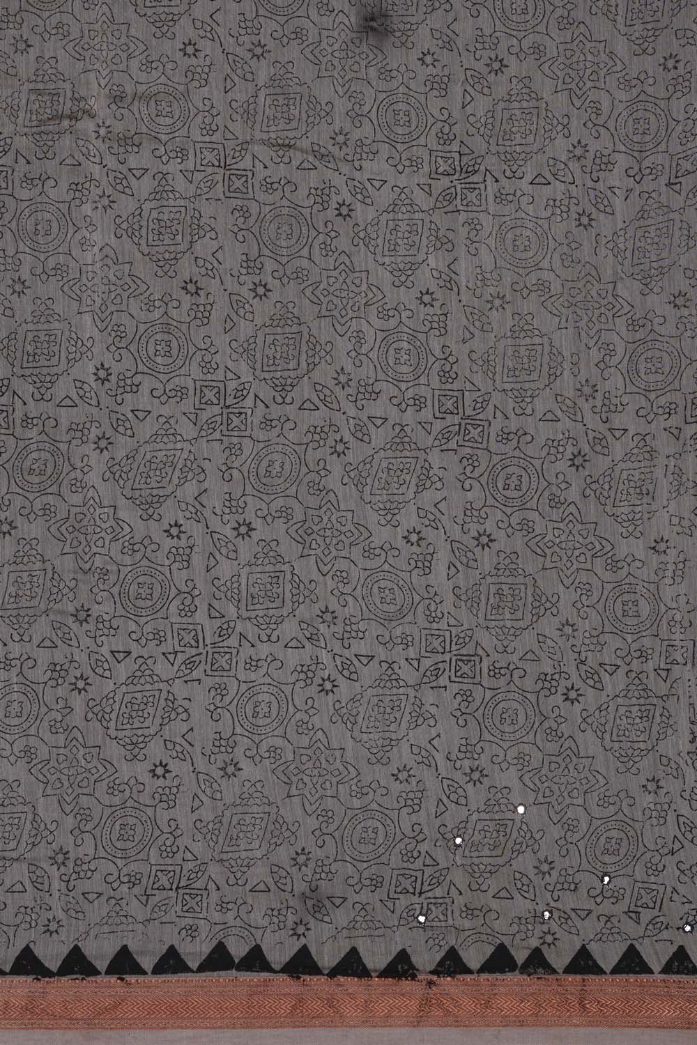 Image of Black elephant with mirror embroidery Kalamkari Saree