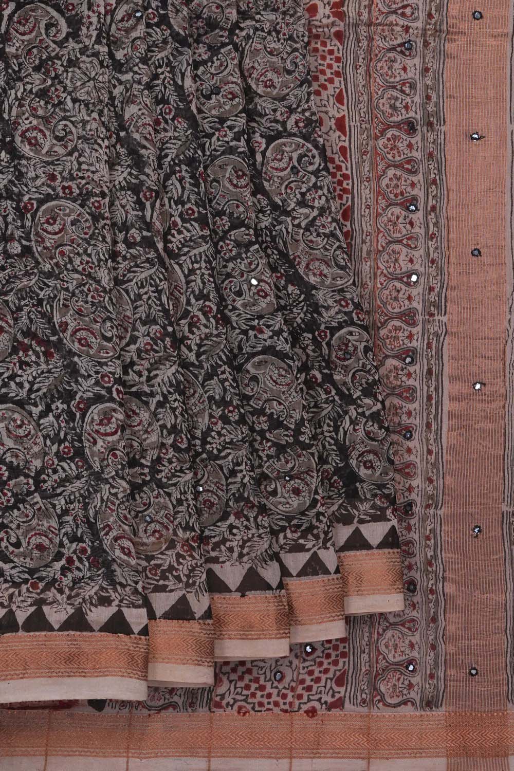 Image of Black elephant with mirror embroidery Kalamkari Saree