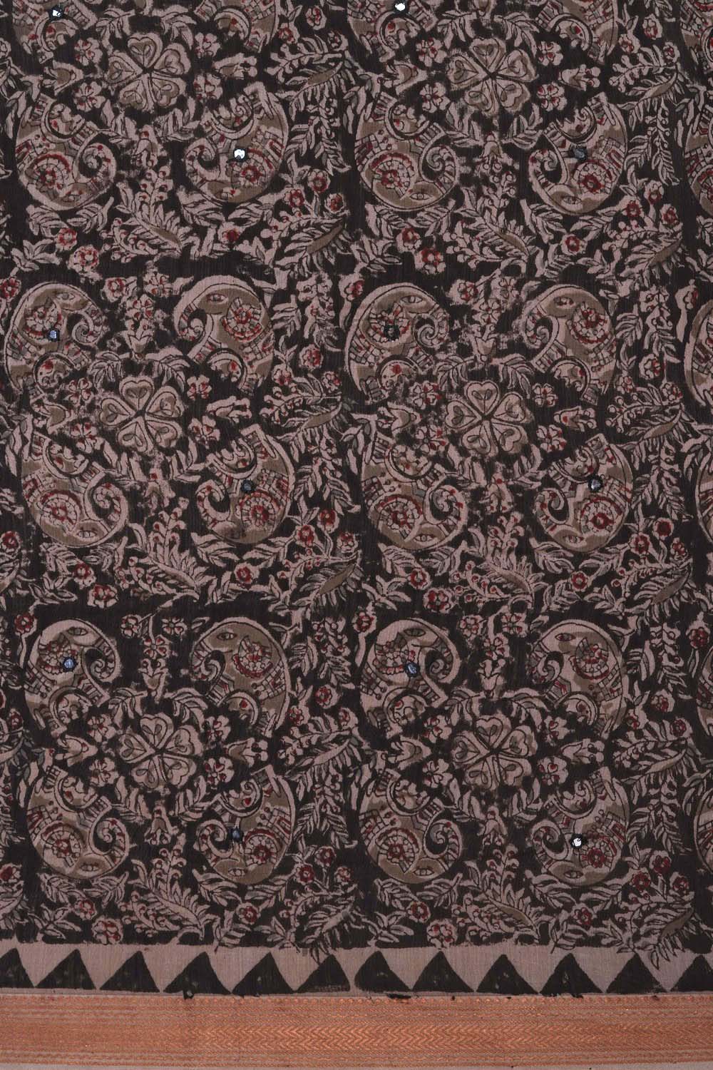 Image of Black elephant with mirror embroidery Kalamkari Saree