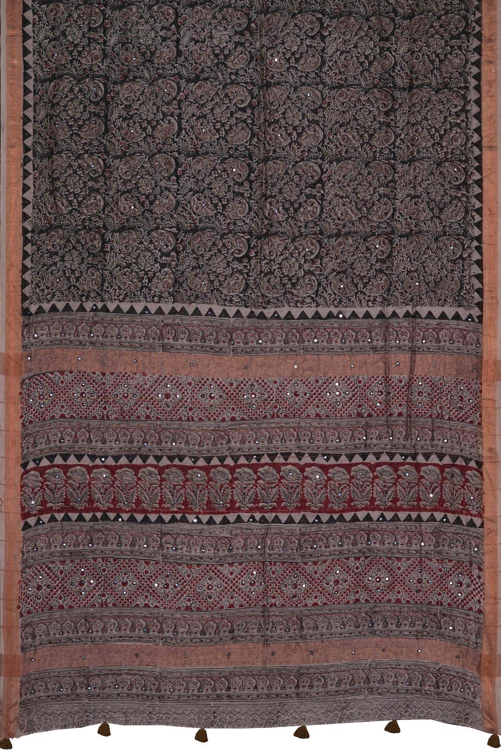 Image of Black elephant with mirror embroidery Kalamkari Saree