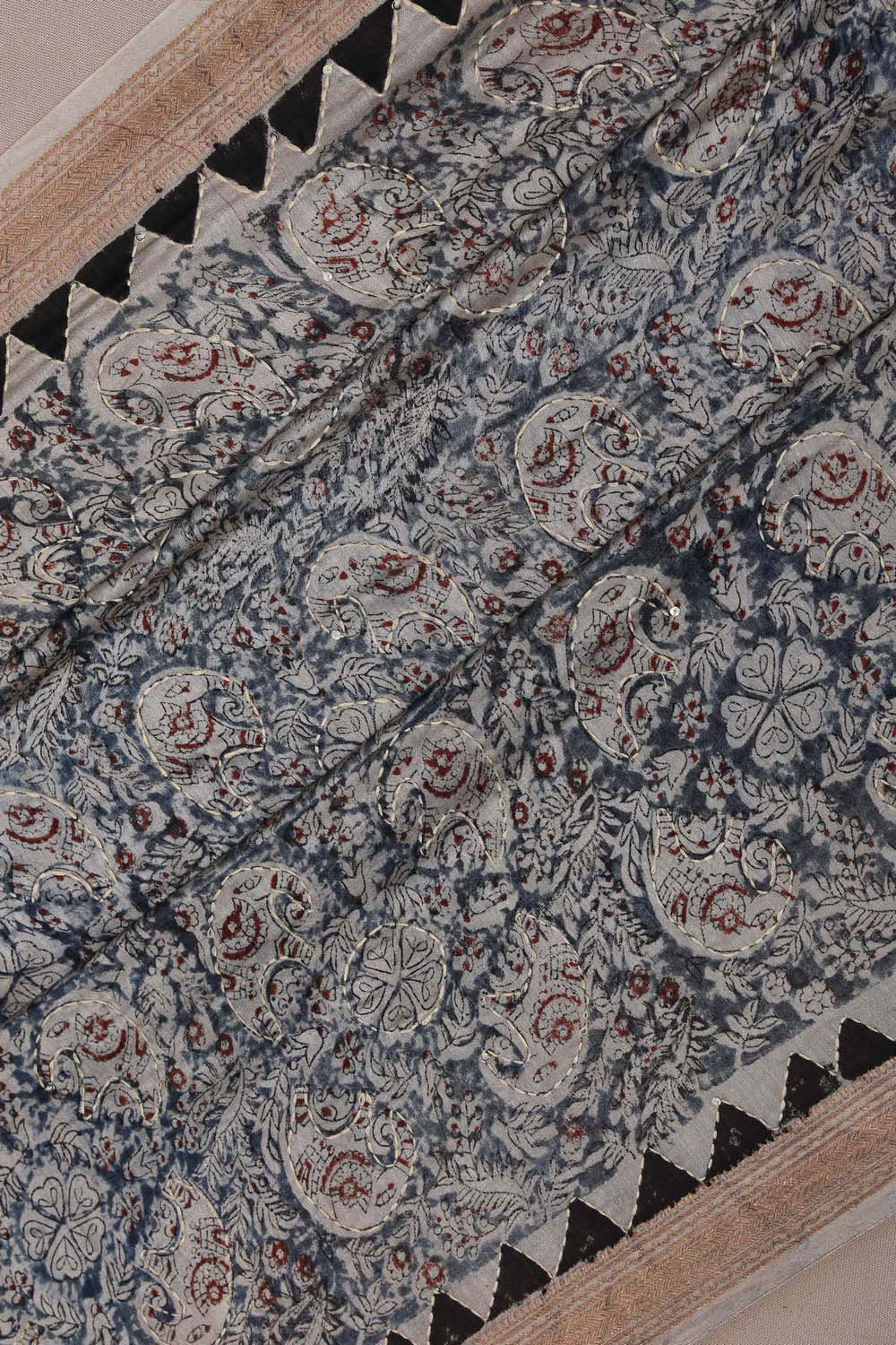 Image of Indigo Blue Mirror Embroidered Kalamkari Saree