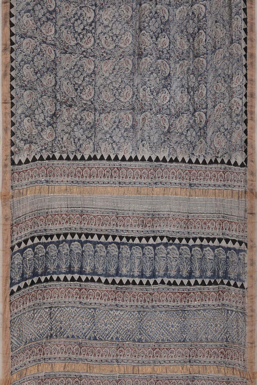 Image of Indigo Blue Mirror Embroidered Kalamkari Saree