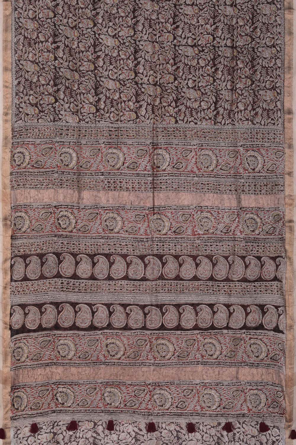 Image of Brown birdie motif Kalamkari Chanderi Saree
