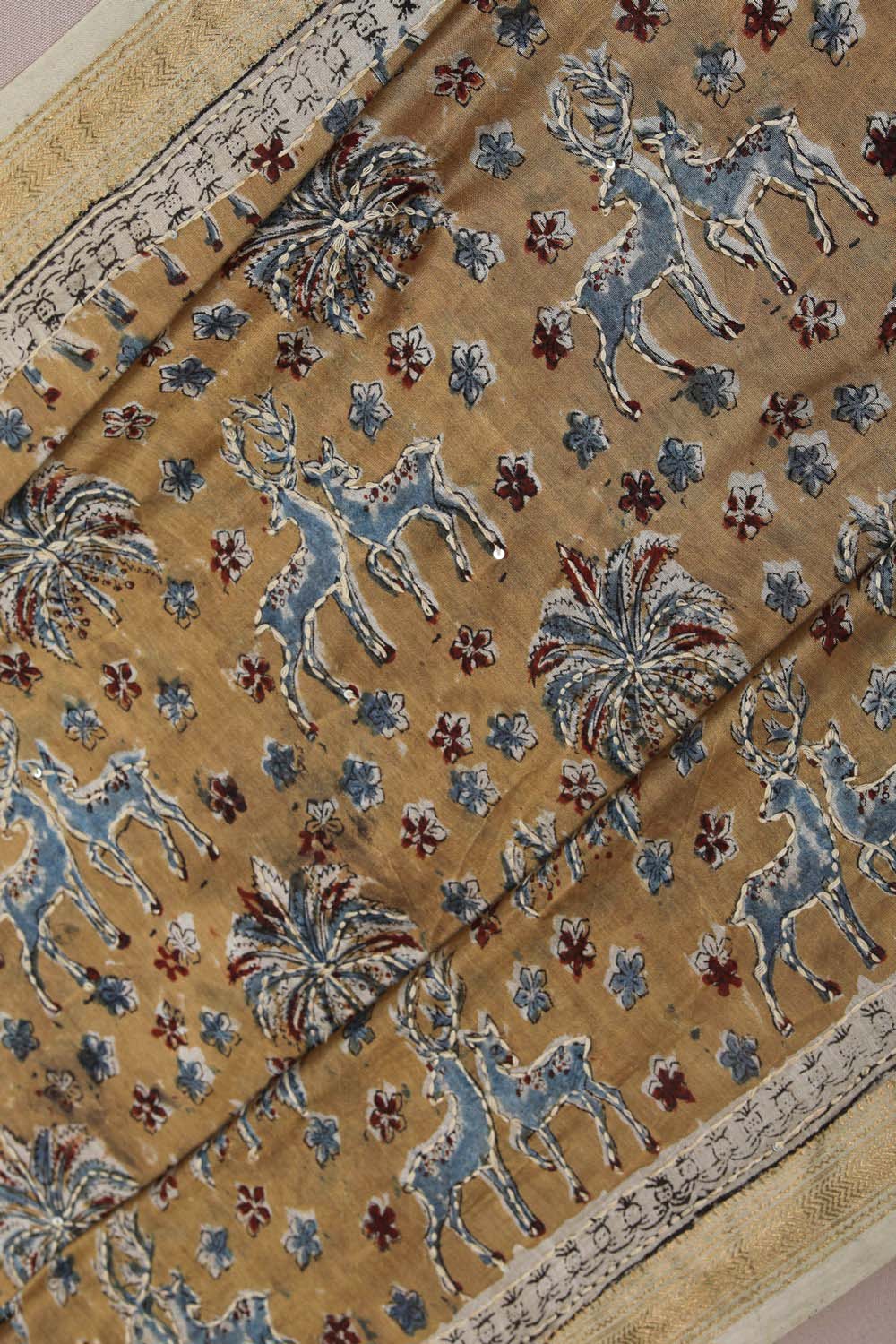 Image of Mustard Mrigha Kalamkari Chanderi Saree