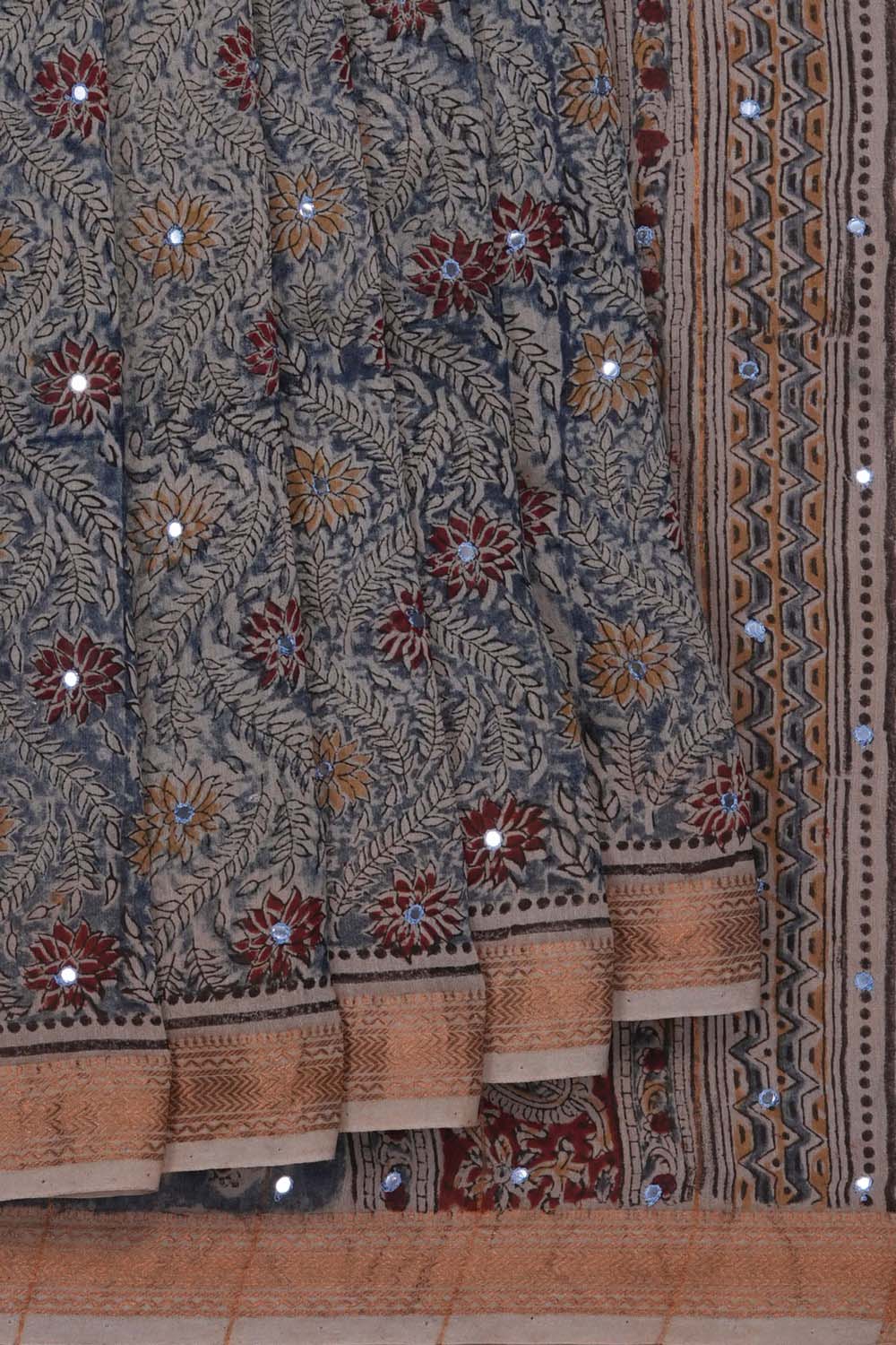 Image of Indigo Blue floral with mirror embroidery Kalamkari Saree